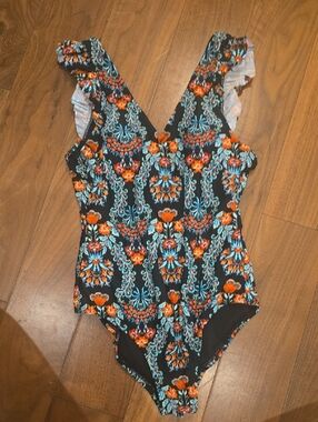 Jessica Simpson Black One-Piece Swimsuit with Orange & Teal Floral Print